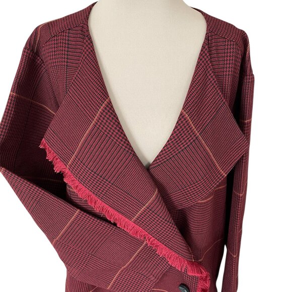 NWOT Laurie Felt Zoe Plaid Wrap Coat in Burgundy with Fringe Trim, Size 3x - Picture 3 of 11